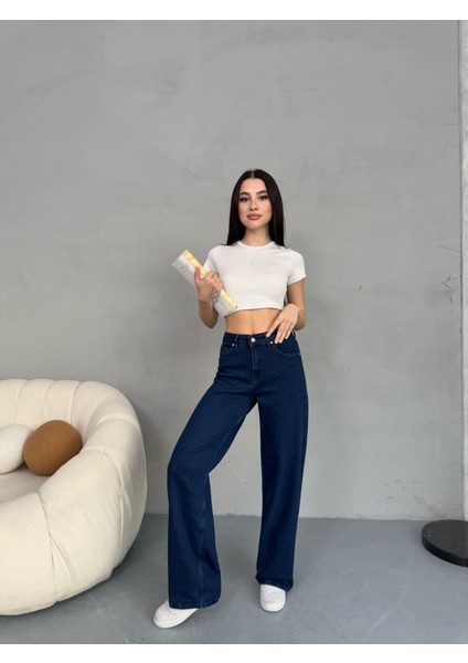 Kadın Yüksek Bel Kar Yıkama Likralı Geniş Paça Palazzo Jeans indirimleri