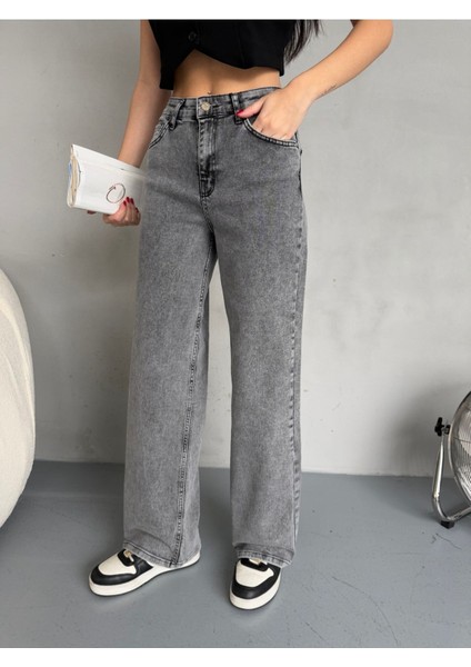 Kadın Yüksek Bel Kar Yıkama Likralı Geniş Paça Palazzo Jeans