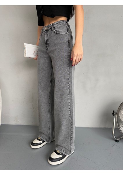Kadın Yüksek Bel Kar Yıkama Likralı Geniş Paça Palazzo Jeans