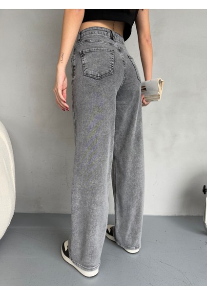 Kadın Yüksek Bel Kar Yıkama Likralı Geniş Paça Palazzo Jeans