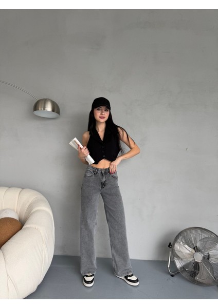 Kadın Yüksek Bel Kar Yıkama Likralı Geniş Paça Palazzo Jeans