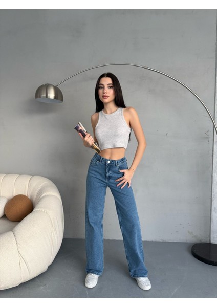 Kadın Yüksek Bel Kar Yıkama Likralı Geniş Paça Palazzo Jeans