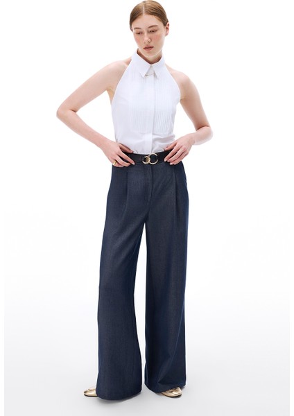 Latibule Regular Fit Bilek Boy Boru Paça Indigo Renk Kadın Pantolon