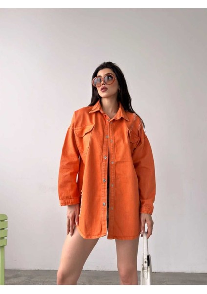 Çift Cepli Yırtık Efektli Oversize Denim Kadın Gömlek Ceket modelleri