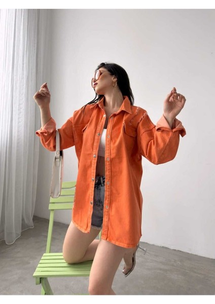 Çift Cepli Yırtık Efektli Oversize Denim Kadın Gömlek Ceket indirimleri