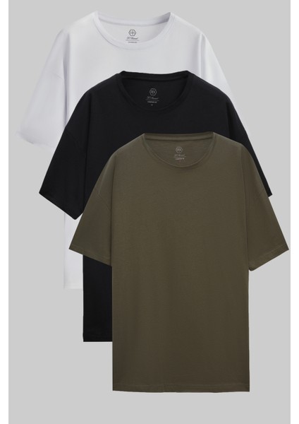 Ds Damat Comfort Beyaz/siyah/haki 3'lü Bol Kesim %100 Pamuk T-Shirt