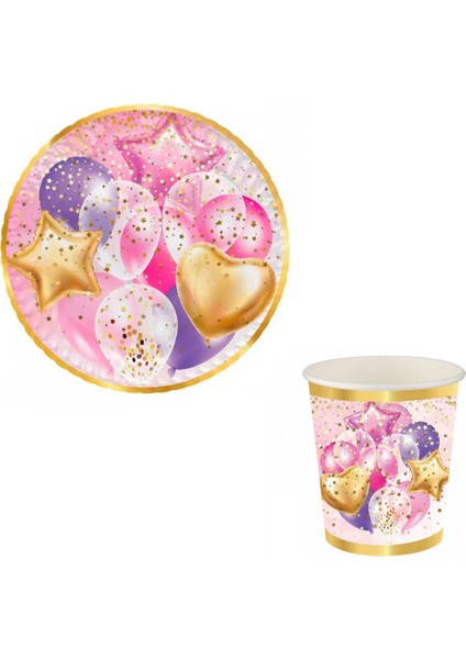8 Kişilik Uçan Balonlar Pembe Karton Bardak ve Tabak Set