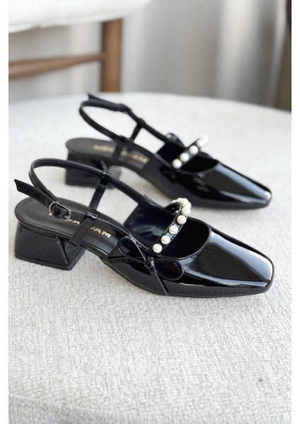 Kadın Maste Incili Kısa Topuklu Ayakkabı - Siyah-Rugan