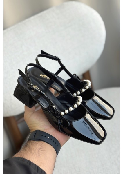 Kadın Maste Incili Kısa Topuklu Ayakkabı - Siyah-Rugan fiyatları