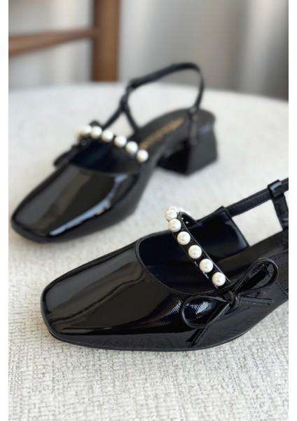 Kadın Maste Incili Kısa Topuklu Ayakkabı - Siyah-Rugan modelleri