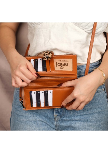 Kaycee Hakiki Deri Telefon Bölmeli Kadın Askılı Çanta - Kartlıklı Telefon Cüzdanı - Tüylü Leopar Desenli fiyatları