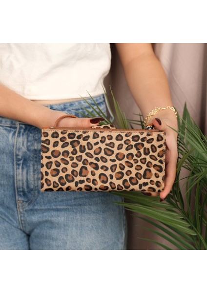 Kaycee Hakiki Deri Telefon Bölmeli Kadın Askılı Çanta - Kartlıklı Telefon Cüzdanı - Tüylü Leopar Desenli indirimleri