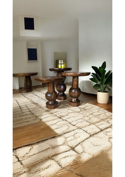Wood Wooden Ahşap 3’lü Set Fitilli Mantar Yan Sehpa / Ceviz Renk / Zigon Sehpa Vernikli modelleri