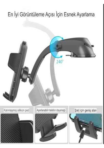 Ayna ve Torpido Montajlı Hidrolik Kanatlar 360° Dönebilen Başlık Vantuzlu Araç Içi Telefon Tutucu