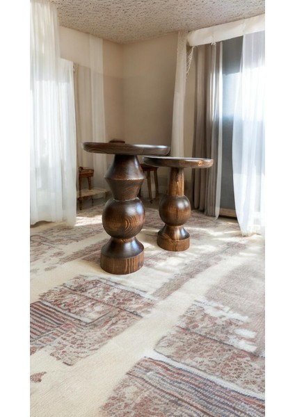 Wood Wooden Ahşap 2'li Set Mantar Yan Sehpa Modern Fiskos / Ceviz Renk / Zigon Sehpa Vernikli