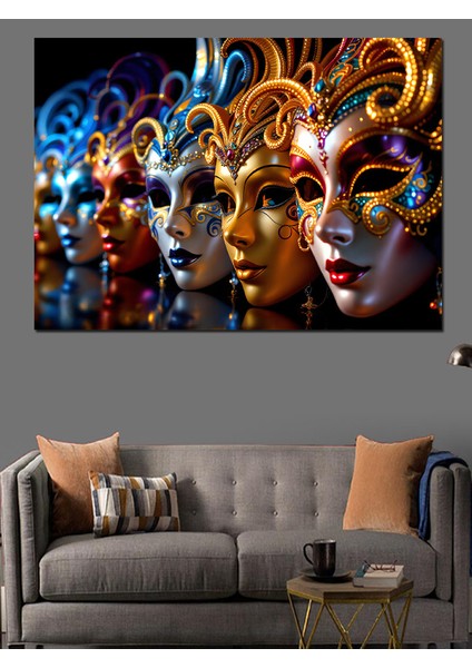 Renkli Maskeli Venedik Karnavalı Dekoratif Kanvas - Mdf Ahşap Tablo