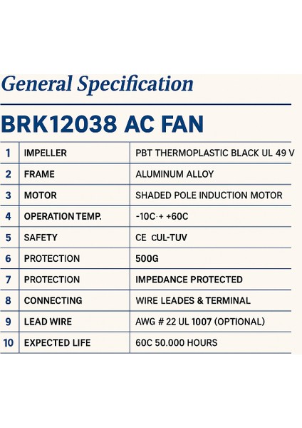 120X120X38 220V Ac 5 Kanatlı Rulmanlı Brk Fan modelleri
