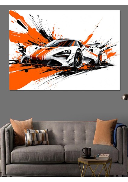 Portakal Renkli Yarış Arabası Dekoratif Kanvas - Mdf Ahşap Tablo