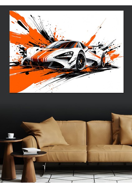 Portakal Renkli Yarış Arabası Dekoratif Kanvas - Mdf Ahşap Tablo fırsatları
