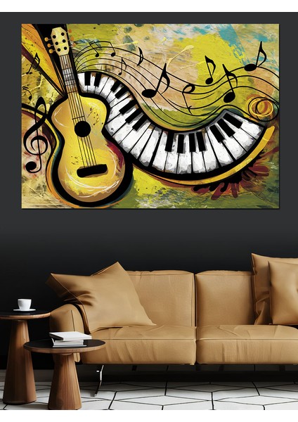 Piyano ve Gitar Müzik Notaları Dekoratif Kanvas - Mdf Ahşap Tablo