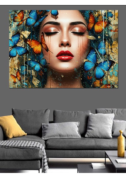 Kelebeklerle Çevrili Kadın Portresi Dekoratif Kanvas - Mdf Ahşap Tablo
