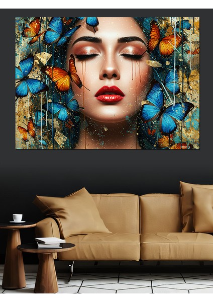 Kelebeklerle Çevrili Kadın Portresi Dekoratif Kanvas - Mdf Ahşap Tablo fiyatları