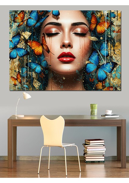 Kelebeklerle Çevrili Kadın Portresi Dekoratif Kanvas - Mdf Ahşap Tablo indirimleri