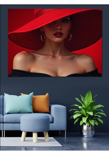 Kırmızı Şapkalı Kadın Portresi Dekoratif Kanvas - Mdf Ahşap Tablo