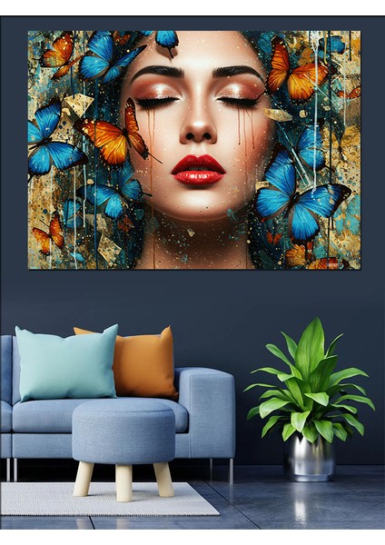 Kelebeklerle Çevrili Kadın Portresi Dekoratif Kanvas - Mdf Ahşap Tablo modelleri