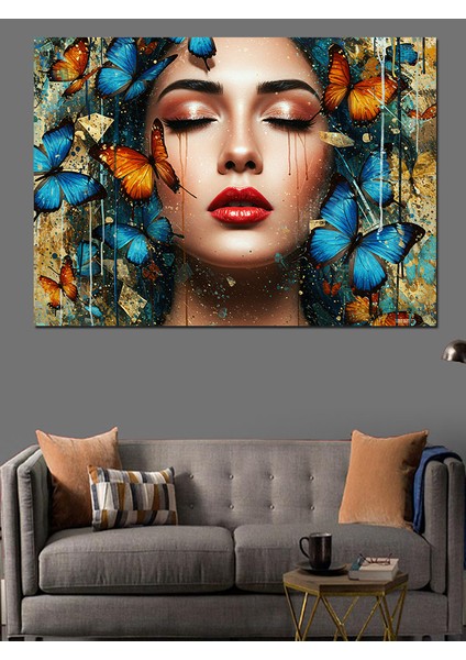 Kelebeklerle Çevrili Kadın Portresi Dekoratif Kanvas - Mdf Ahşap Tablo fırsatları