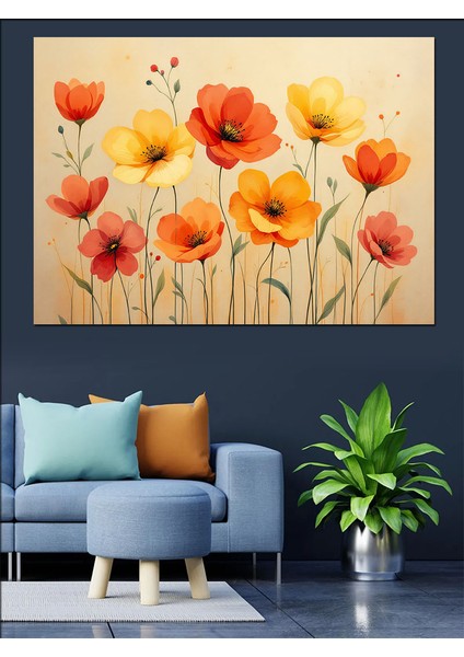 Turuncu Kırmızı Gelincik Çiçekleri Dekoratif Kanvas - Mdf Ahşap Tablo