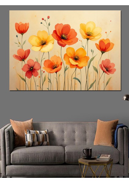 Turuncu Kırmızı Gelincik Çiçekleri Dekoratif Kanvas - Mdf Ahşap Tablo fiyatları