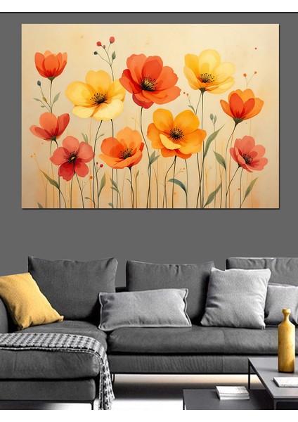 Turuncu Kırmızı Gelincik Çiçekleri Dekoratif Kanvas - Mdf Ahşap Tablo fırsatları