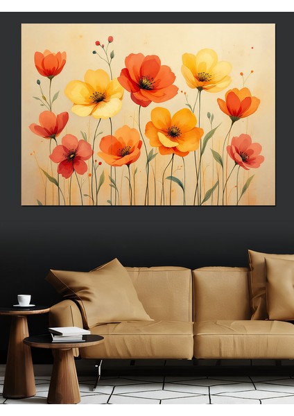 Turuncu Kırmızı Gelincik Çiçekleri Dekoratif Kanvas - Mdf Ahşap Tablo indirimleri