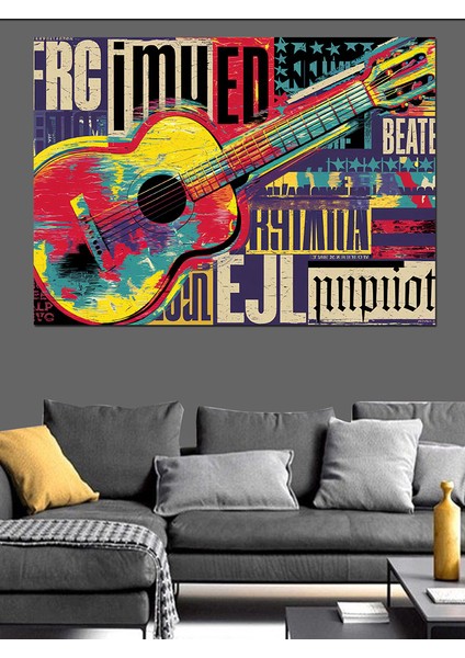 Renkli Tipografi Gitar Posteri Dekoratif Kanvas - Mdf Ahşap Tablo