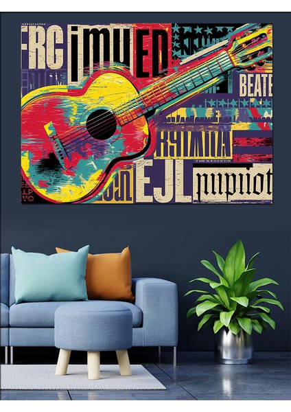 Renkli Tipografi Gitar Posteri Dekoratif Kanvas - Mdf Ahşap Tablo