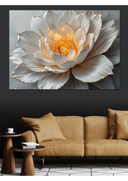Altın Detaylı Beyaz Lotus Dekoratif Kanvas - Mdf Ahşap Tablo