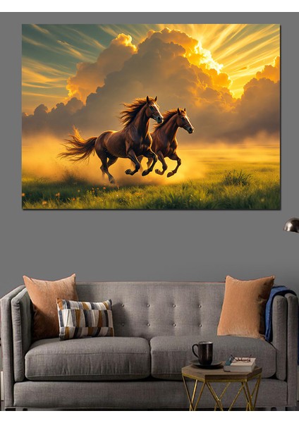 Gün Batımında Koşan Atlar Dekoratif Kanvas - Mdf Ahşap Tablo