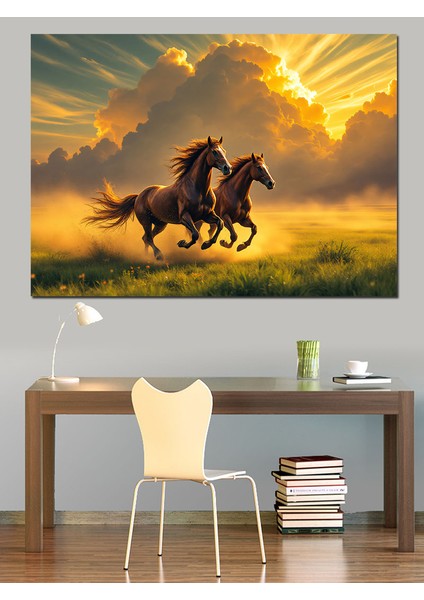Gün Batımında Koşan Atlar Dekoratif Kanvas - Mdf Ahşap Tablo fiyatları