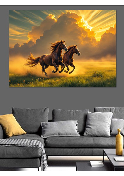 Gün Batımında Koşan Atlar Dekoratif Kanvas - Mdf Ahşap Tablo modelleri