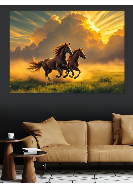 Gün Batımında Koşan Atlar Dekoratif Kanvas - Mdf Ahşap Tablo fırsatları