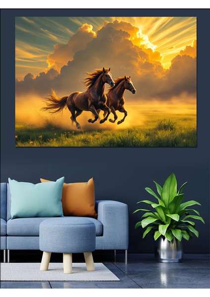 Gün Batımında Koşan Atlar Dekoratif Kanvas - Mdf Ahşap Tablo indirimleri