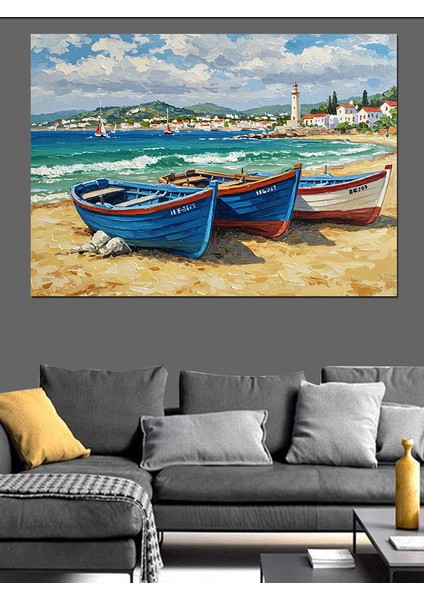 Deniz Kenarında Renkli Kayıklar Dekoratif Kanvas - Mdf Ahşap Tablo