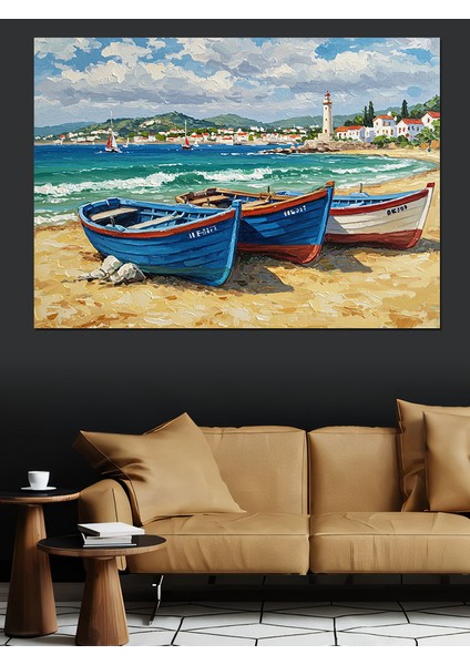 Deniz Kenarında Renkli Kayıklar Dekoratif Kanvas - Mdf Ahşap Tablo fiyatları