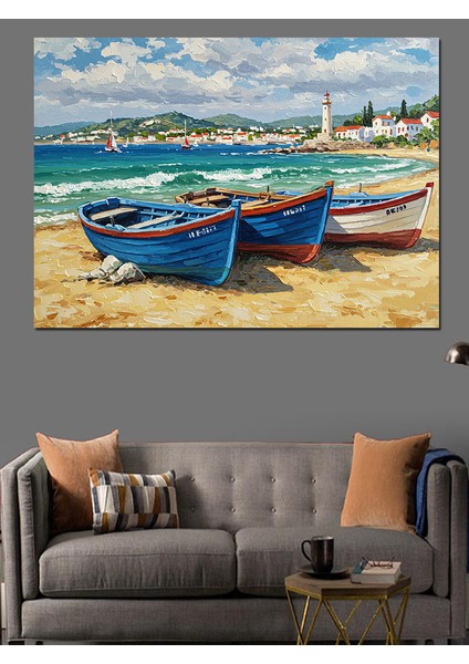 Deniz Kenarında Renkli Kayıklar Dekoratif Kanvas - Mdf Ahşap Tablo fırsatları