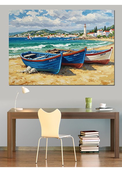 Deniz Kenarında Renkli Kayıklar Dekoratif Kanvas - Mdf Ahşap Tablo indirimleri