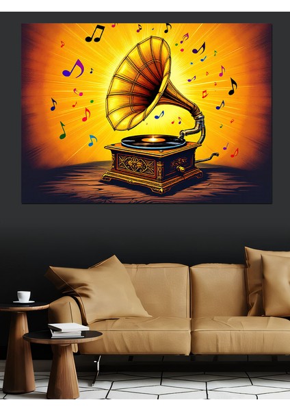 Gramofonlu Müzik Notaları Uçuşuyor Dekoratif Kanvas - Mdf Ahşap Tablo