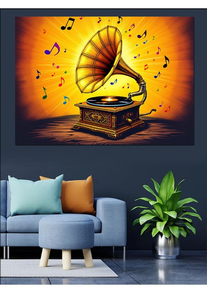 Gramofonlu Müzik Notaları Uçuşuyor Dekoratif Kanvas - Mdf Ahşap Tablo fiyatları