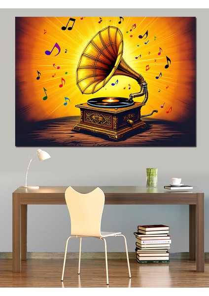 Gramofonlu Müzik Notaları Uçuşuyor Dekoratif Kanvas - Mdf Ahşap Tablo fırsatları