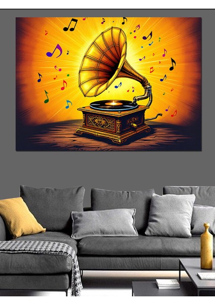 Gramofonlu Müzik Notaları Uçuşuyor Dekoratif Kanvas - Mdf Ahşap Tablo indirimleri